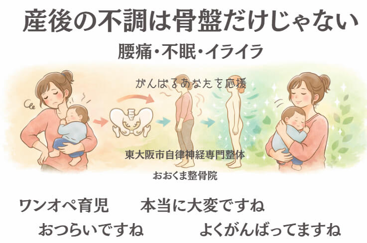 産後の腰痛や寝不足、イライラなどの不調に悩む女性をやさしく表現したイメージ画像