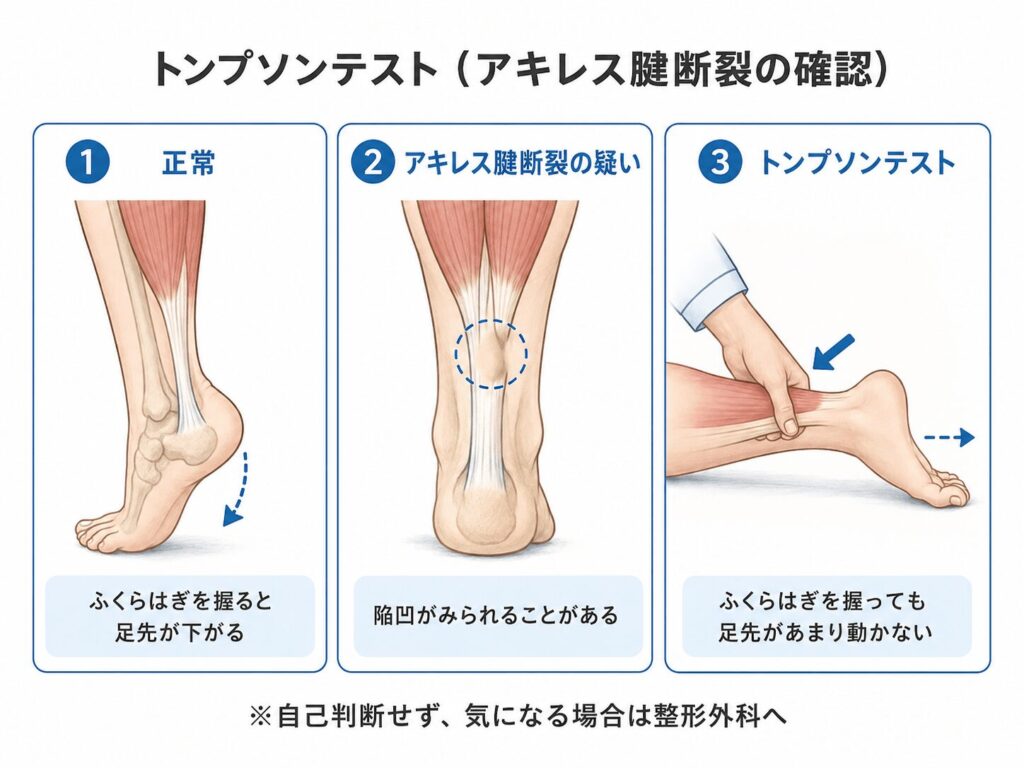 ふくらはぎを圧迫してアキレス腱断裂の可能性を確認するトンプソンテストの図