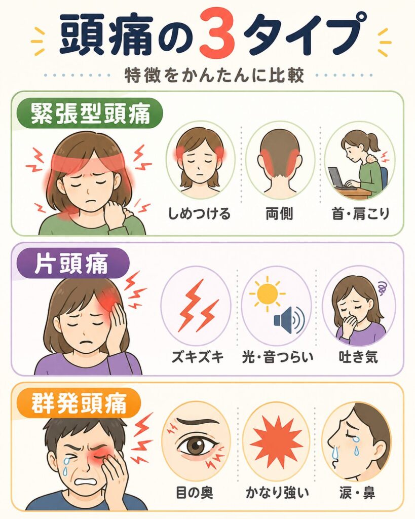 緊張型頭痛・片頭痛・群発頭痛の特徴を比較したイラスト