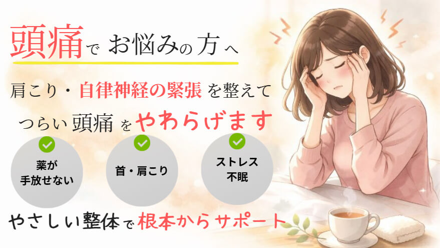 東大阪市の自律神経専門整体のおおくま整骨院。頭痛でお悩みの女性のイラスト。