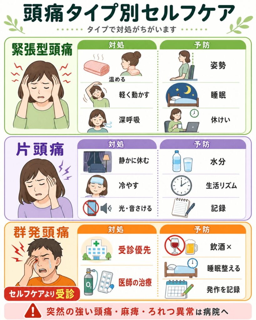 緊張型頭痛は温める、片頭痛は冷やして休む、群発頭痛は受診を優先する対処法のイラスト
