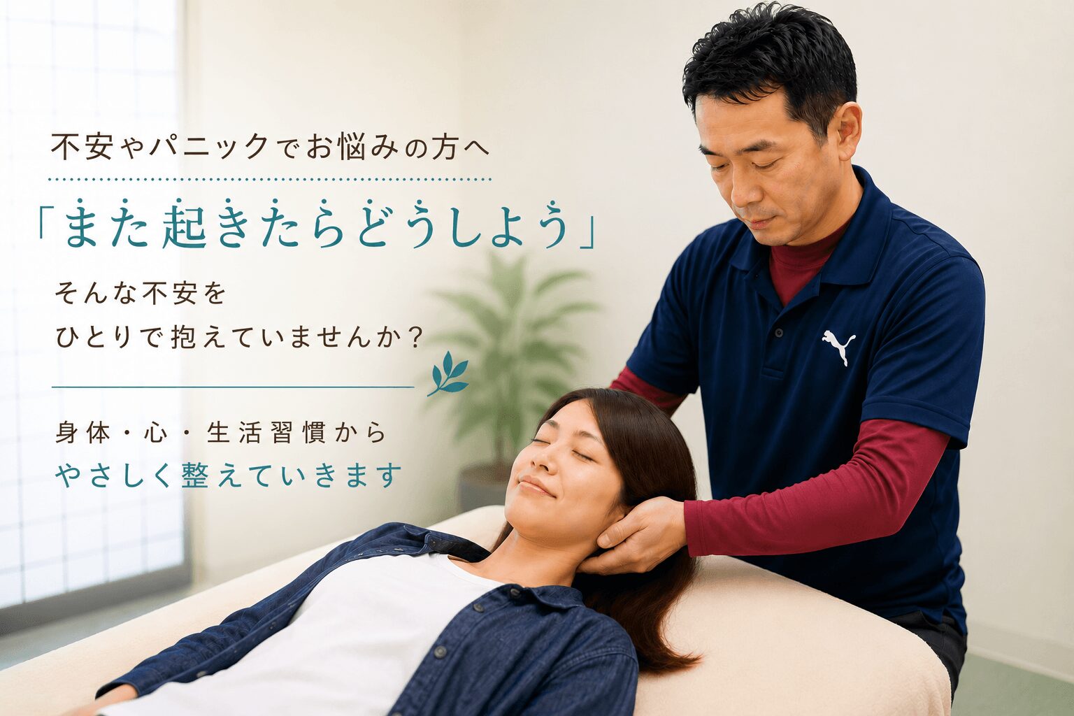 不安やパニックで悩む女性に対して、やさしく頭部を調整する東大阪市のおおくま整骨院の施術風景