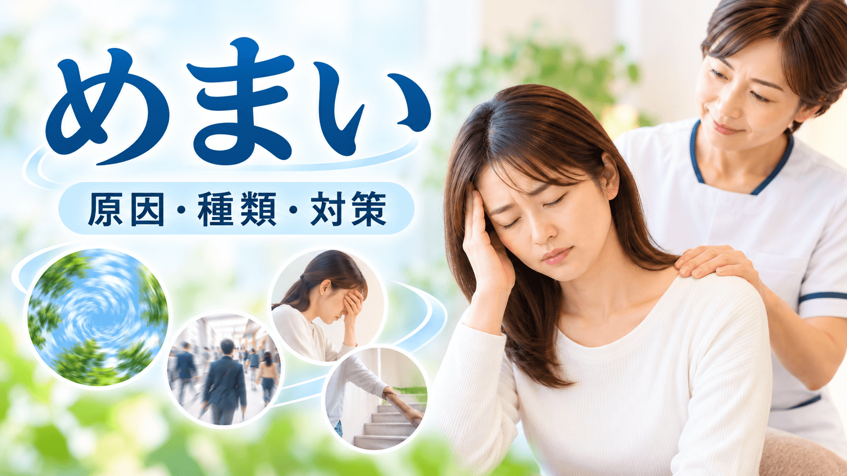 めまいの原因・種類・対策を解説するイメージ|グルグル・フワフワ・立ちくらみで悩む女性