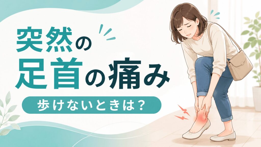 突然の足首の痛みで歩きにくそうにする女性