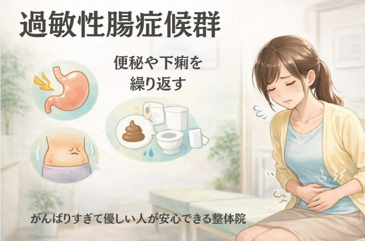 過敏性腸症候群でお腹を押さえてつらそうにしている女性のイラスト。便秘や下痢など自律神経の乱れによるお腹の不調を表した画像。