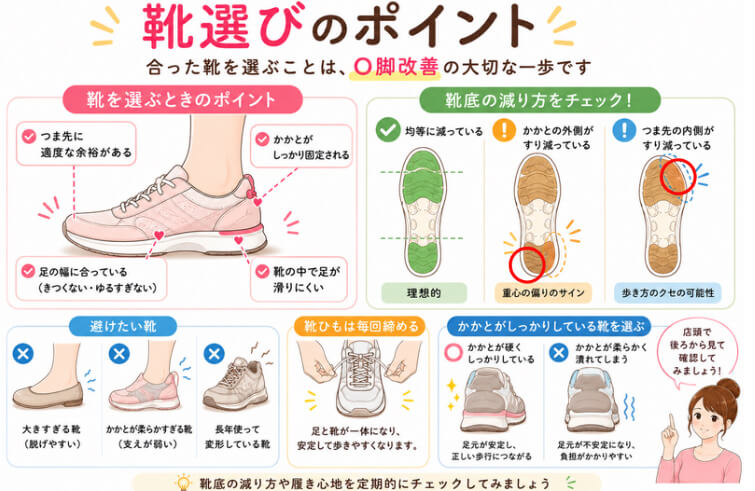 O脚や膝痛が気になる方に向けた靴選びのポイントを説明した図。靴底の減り方、正しい靴の選び方、足に合わない靴の特徴をイラストでわかりやすく紹介している。