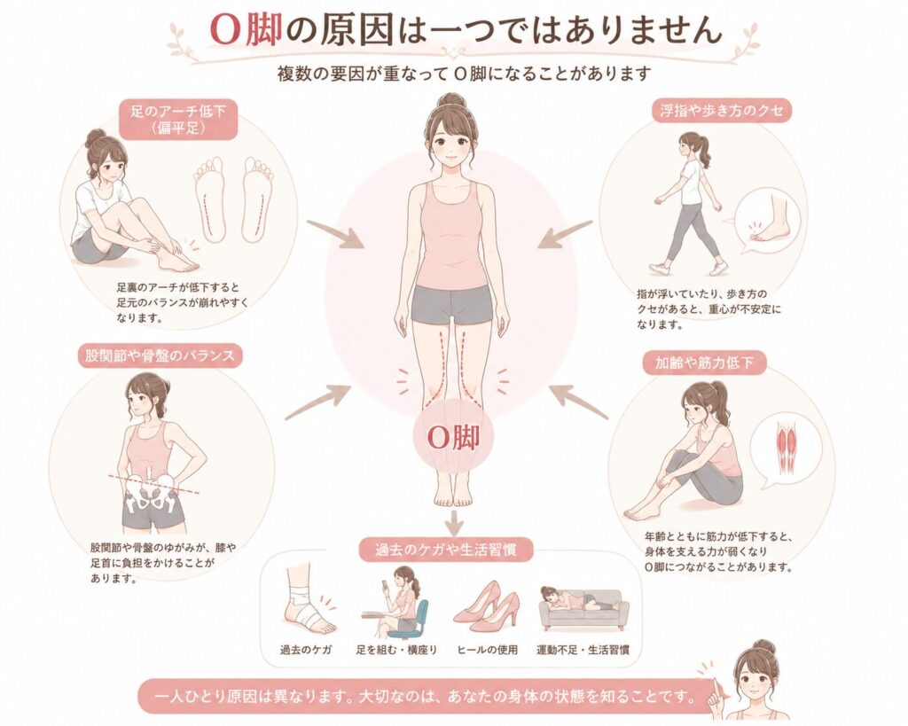 O脚の原因を説明したイラスト。偏平足、浮指や歩き方のクセ、股関節や骨盤のバランス、筋力低下、過去のケガや生活習慣など、複数の要因が関係することを示している。