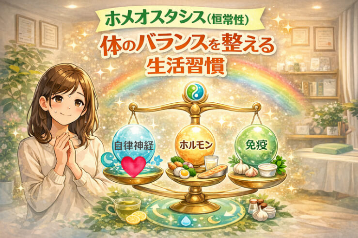 ホメオスタシス(恒常性)と自律神経・ホルモン・免疫のバランスを表したイラスト