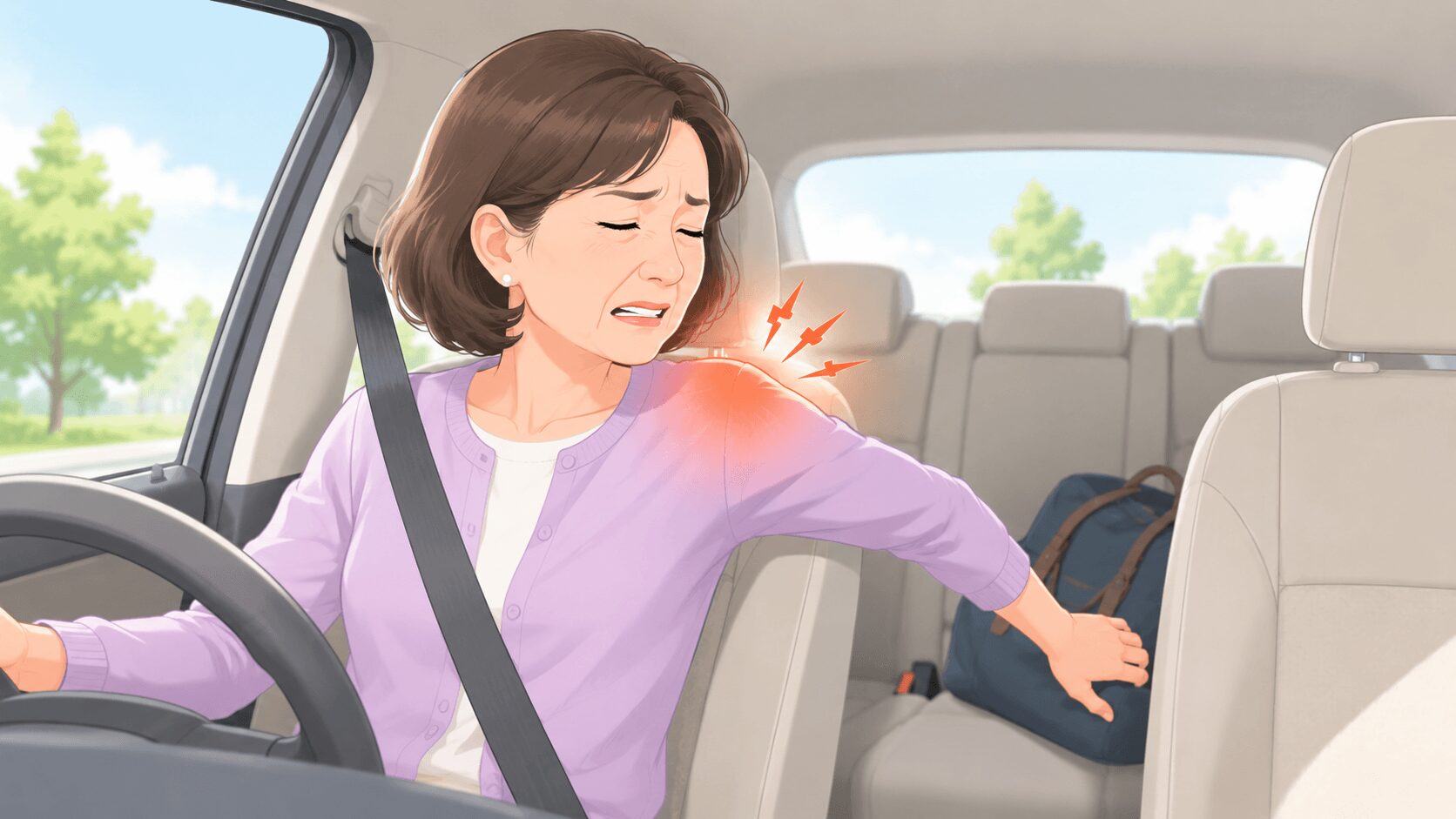車の後部座席の荷物を取ろうとして肩に痛みが出た50代女性のイラスト
