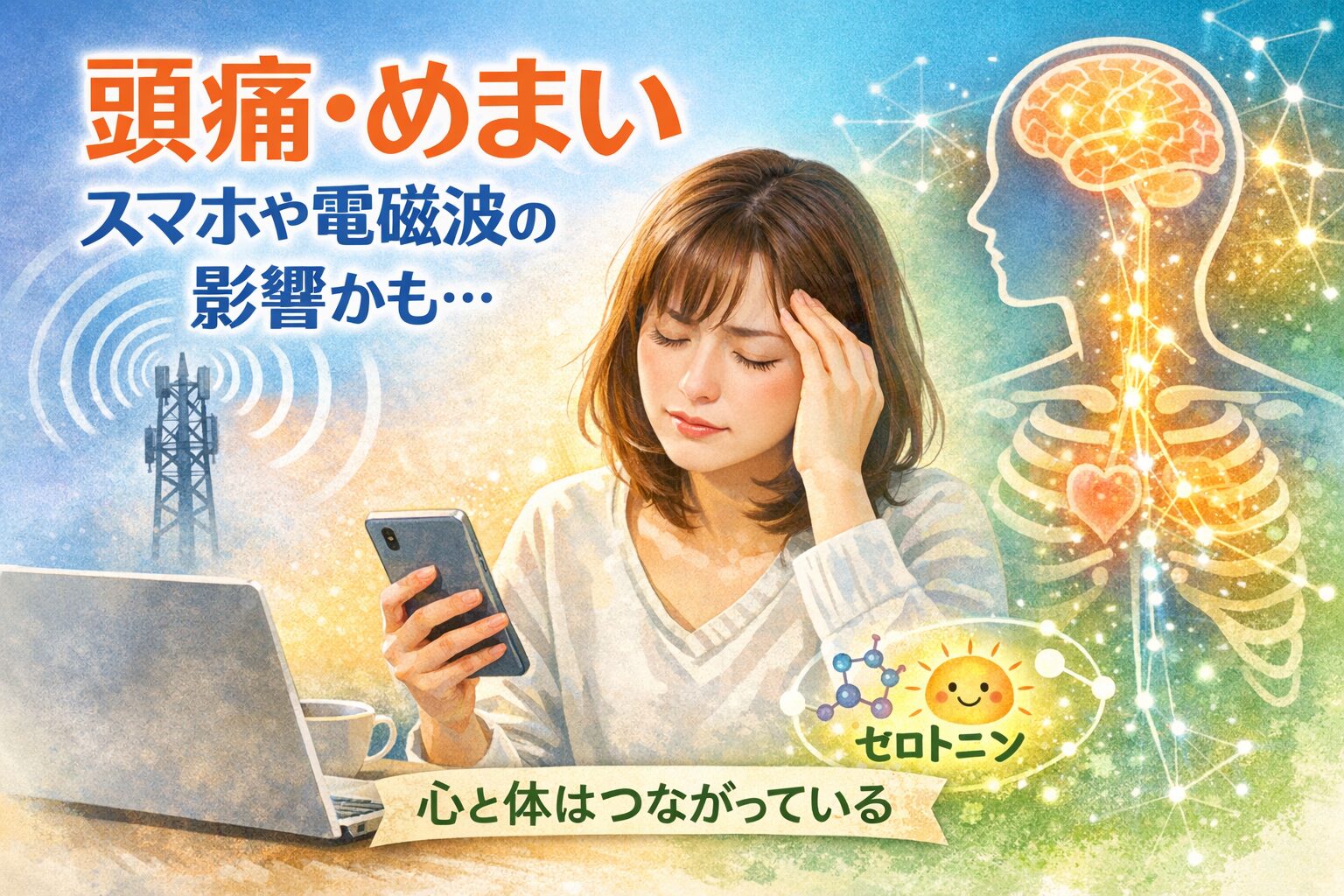 頭痛やめまいに悩みスマホを見ている女性と自律神経やセロトニンのイメージイラスト（東大阪市 自律神経 整体）