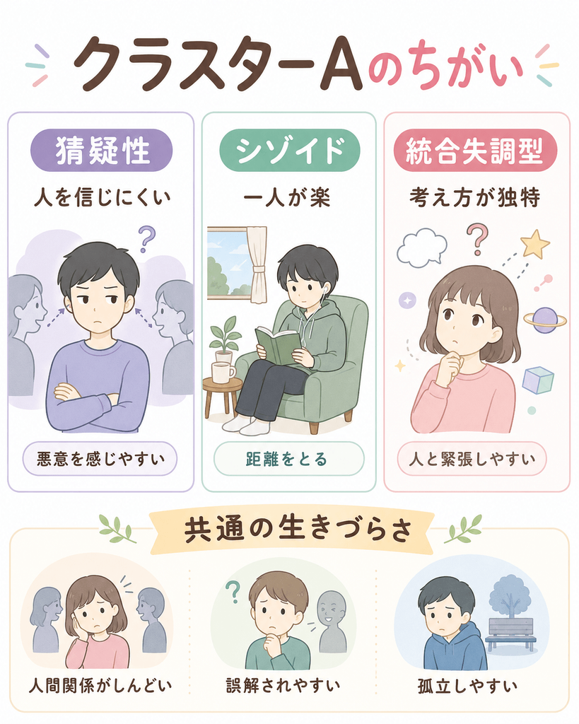 クラスターAのパーソナリティ障害｜猜疑性・シゾイド・統合失調型の特徴と違い