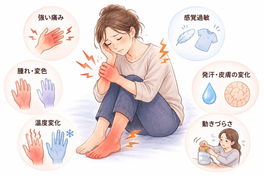 CRPS（複合性局所疼痛症候群）の主な症状をまとめたイラスト。強い痛み、腫れ、温度変化、感覚過敏、発汗異常、動かしにくさを表している。