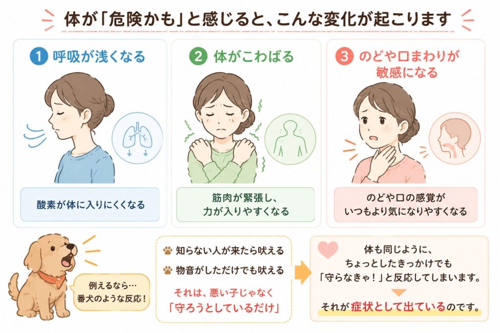 不安やストレスで体が警戒モードになると、呼吸が浅くなり、体がこわばり、のどや口まわりが敏感になる仕組みを番犬の例で説明したイラスト
