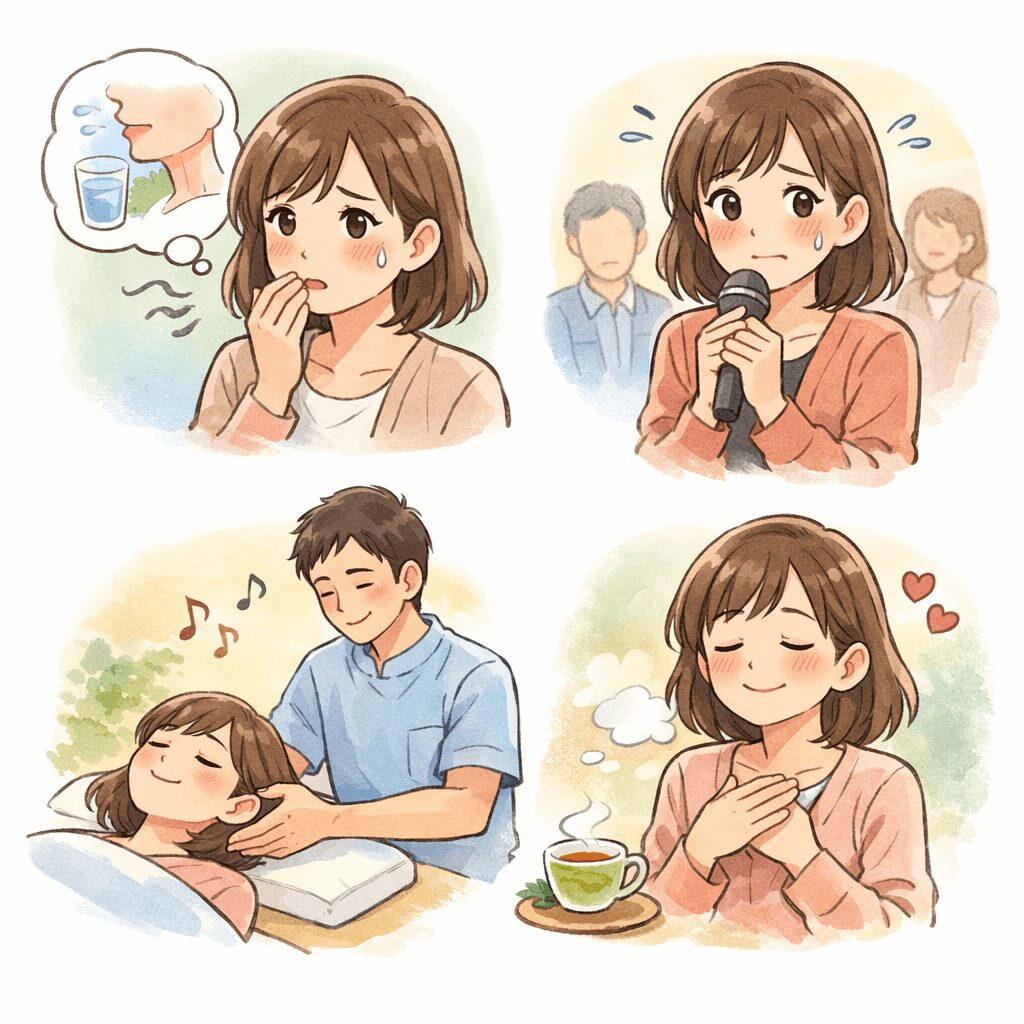 東大阪市の自律神経専門整体がお伝えする、唾液が多く感じて飲み込みにくく不安を感じている女性のイラストその他の不調を施術で対応