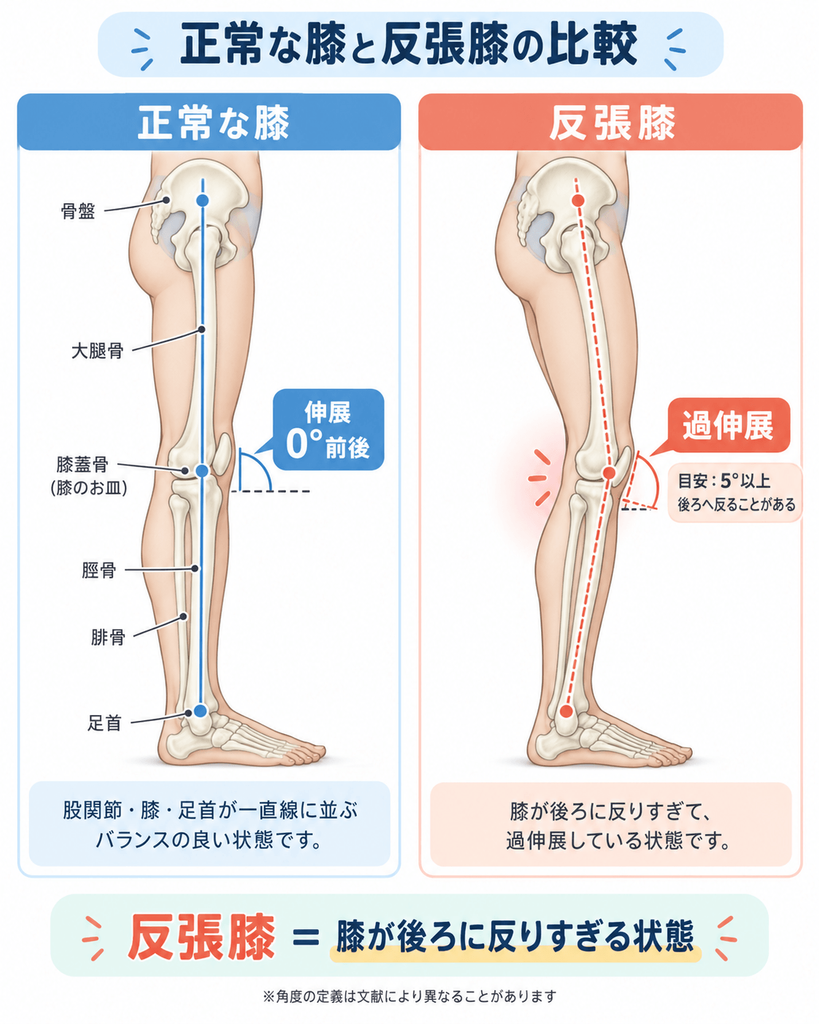 正常な膝と反張膝を横から比較し膝の過伸展を示した解剖学的イラスト