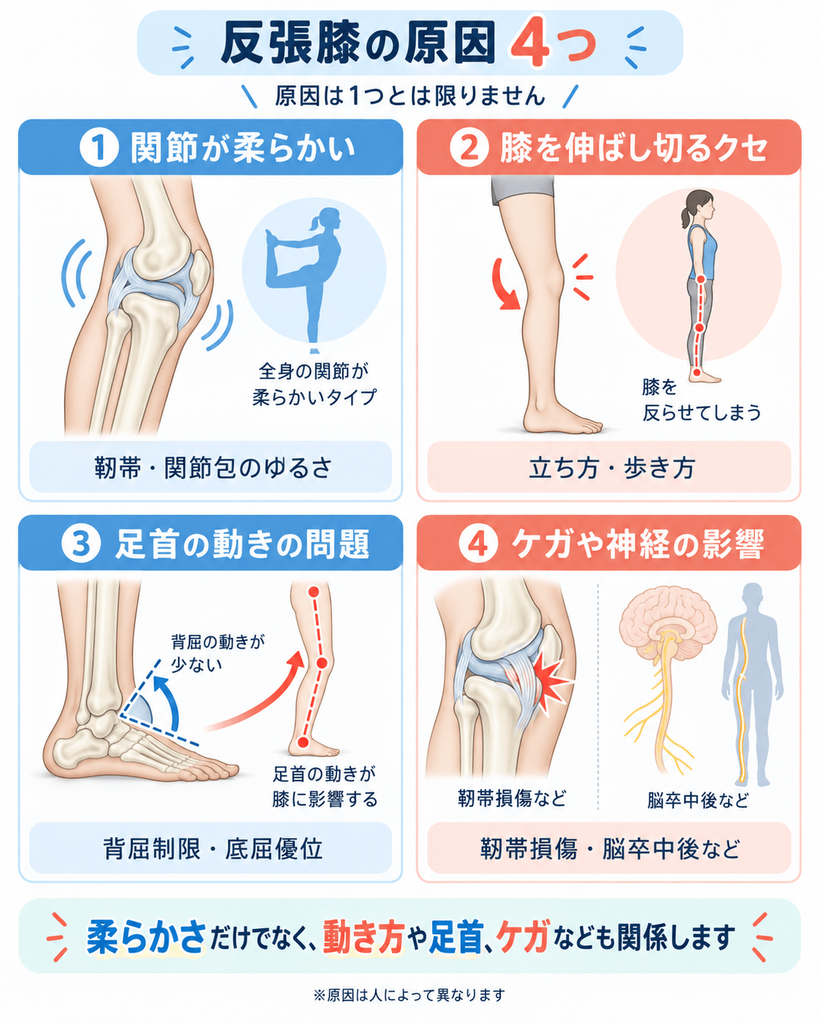 反張膝の原因として関節の柔らかさ、膝を伸ばし切るクセ、足首の動き、ケガや神経の影響を示した図