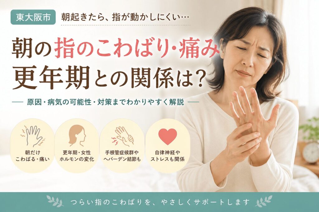 朝起きた時の指のこわばりや痛みに悩む更年期世代の女性と、手の不調・女性ホルモン・自律神経との関係を説明したイラスト付きバナー画像