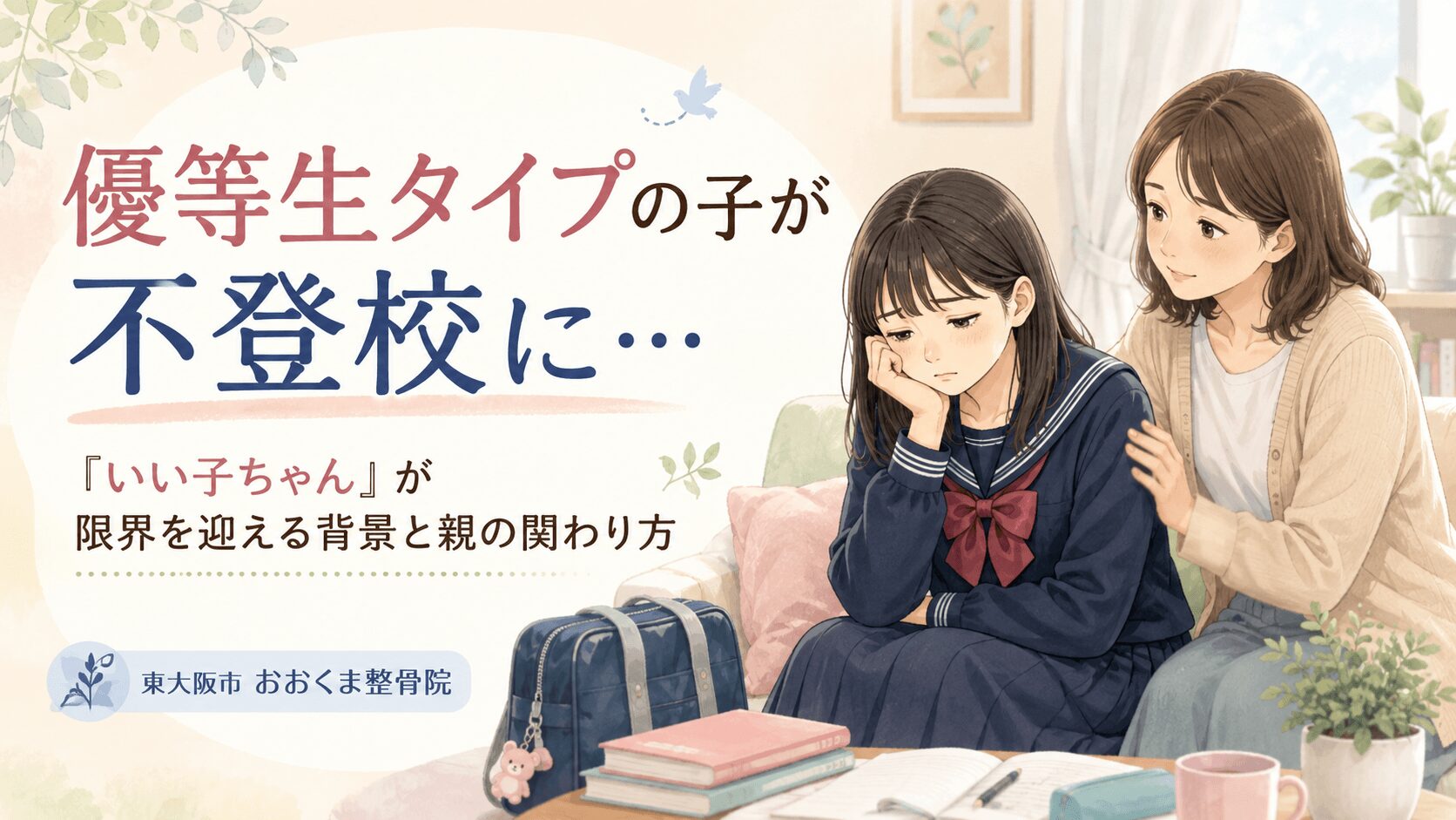 学校に行けず悩む中学生の女の子と、そばで心配する母親のイラスト