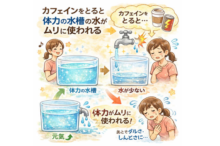 カフェインは体力を無理に減らしてしまうので中止。説明図。
