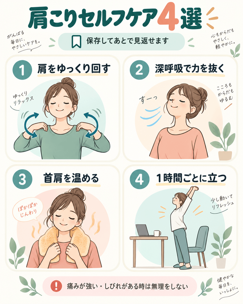 肩こり対策として肩を回す・深呼吸・温める・こまめに立つ4つのセルフケアを紹介するイラスト