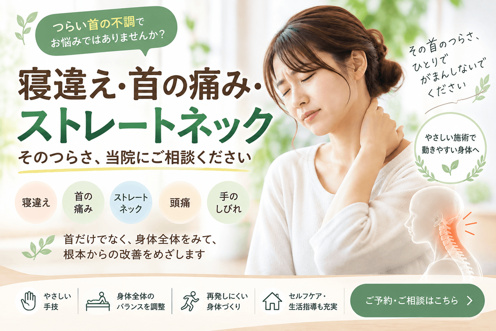 首の痛みやストレートネックで首を押さえる女性のイラスト