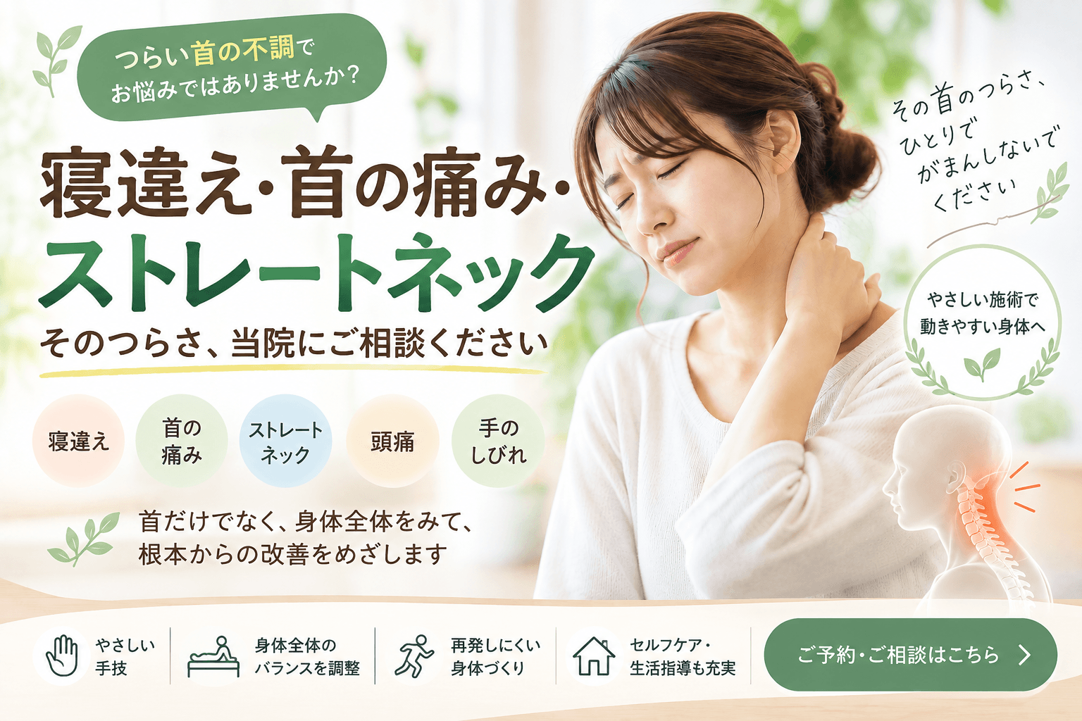 首の痛みやストレートネックで首を押さえる女性のイラスト