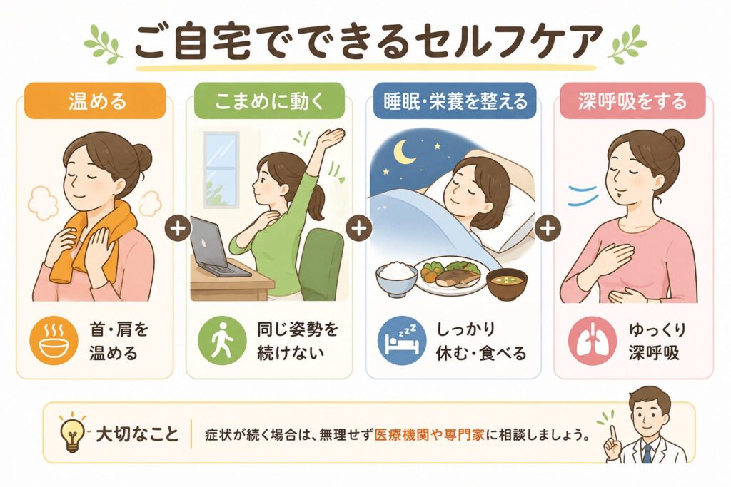 手のしびれを和らげるためのセルフケア(温める・こまめに動く・睡眠と栄養・深呼吸)をまとめたイラスト
