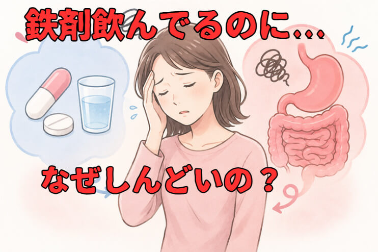 鉄剤を飲んでいるのに体調不良が続き、不安そうに頭を押さえる女性と、胃腸・消化吸収・自律神経の関係をイメージしたイラスト。鉄不足や吸収不良、めまい、だるさ、自律神経の乱れをわかりやすく表現したファーストビュー画像。