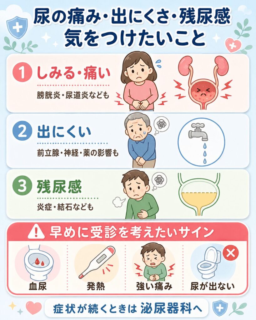 尿の痛み・出にくさ・残尿感と、血尿・発熱・強い痛み・尿が出ない場合の注意サイン