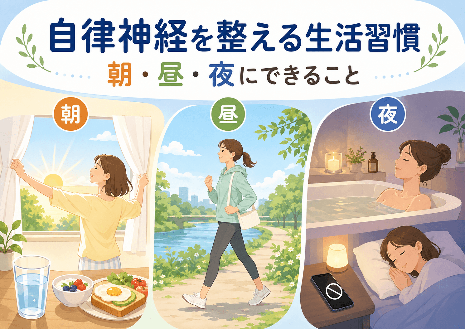 自律神経を整えるための朝・昼・夜の生活習慣を紹介するイラスト