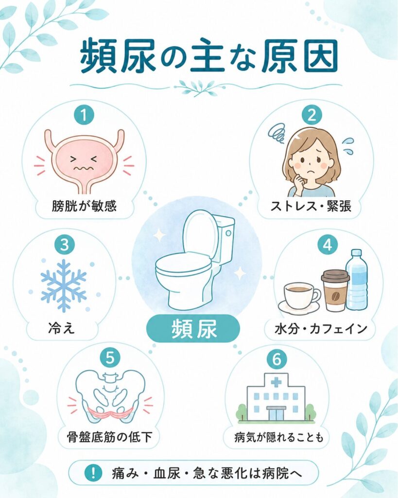 頻尿・尿漏れに関係する膀胱、ストレス、冷え、カフェイン、骨盤底筋などの要因