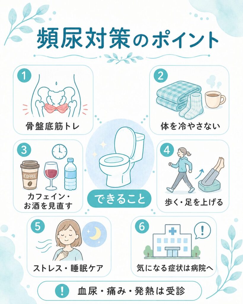 頻尿対策として骨盤底筋トレーニング、保温、飲み物の見直し、運動、睡眠ケアを紹介する図