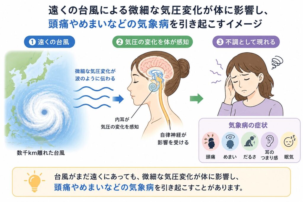 遠くの台風による微細な気圧変化が体に影響し、頭痛やめまいなどの気象病を引き起こすイメージ図