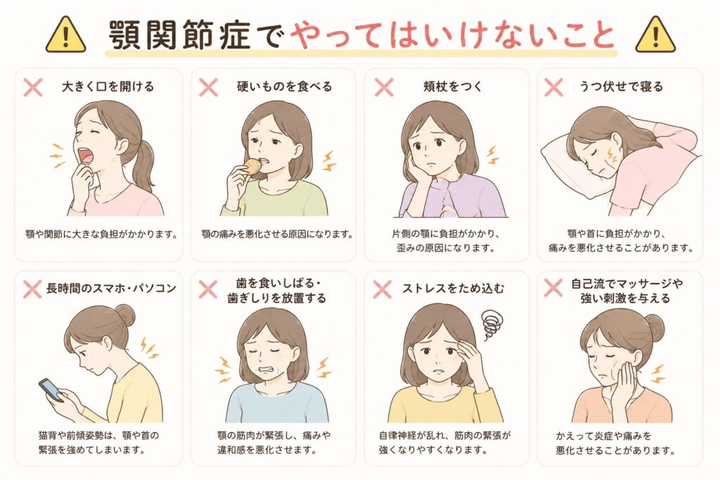 顎関節症で避けたい習慣として、頬杖・食いしばり・長時間スマホ・うつ伏せ寝などを説明したイラスト