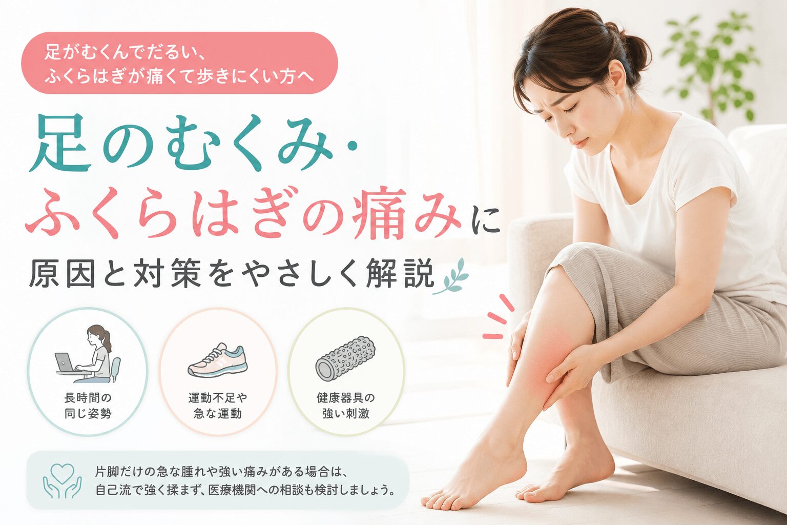 足のむくみとふくらはぎの痛みに悩む女性のイラスト