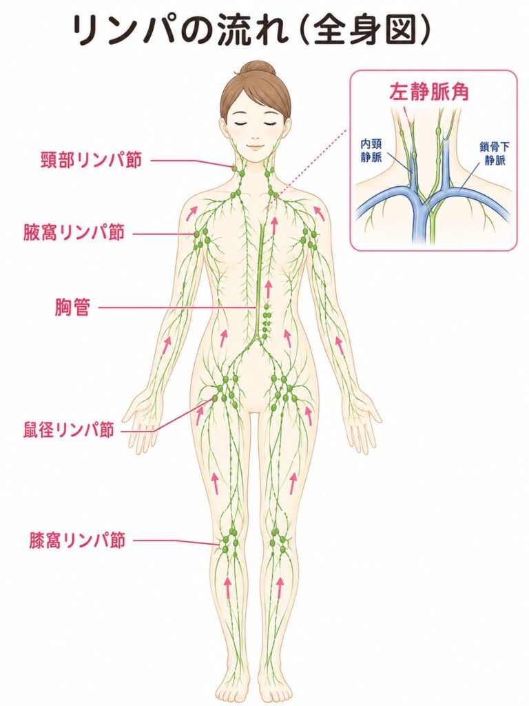 リンパの全身の流れの説明図