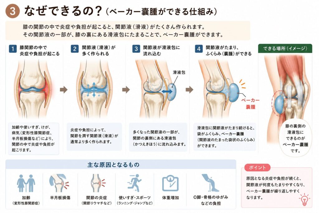 ベーカー嚢腫による膝裏のグリグリやふくらみを解説した図。原因
