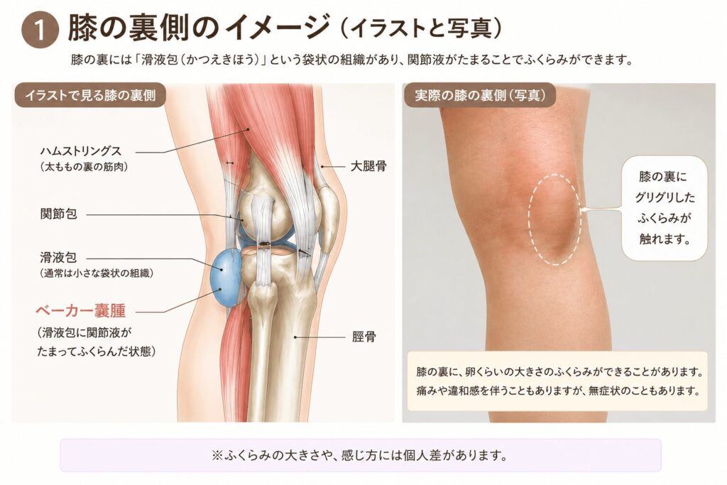 ベーカー嚢腫による膝裏のグリグリやふくらみを解説した図、イメージ