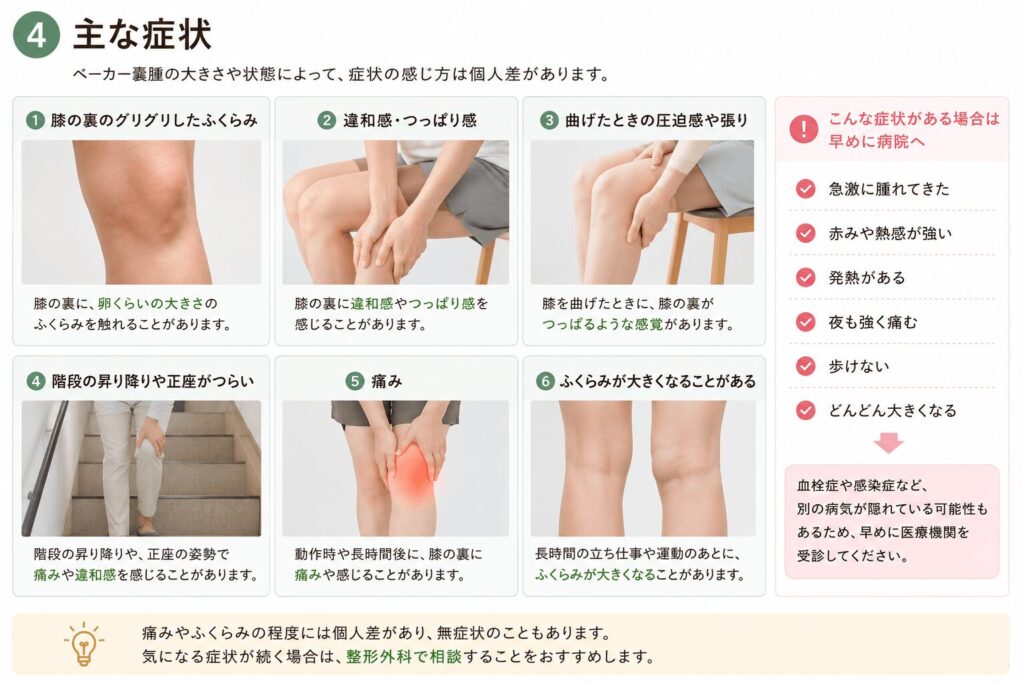 ベーカー嚢腫による膝裏のグリグリやふくらみを解説した図。症状