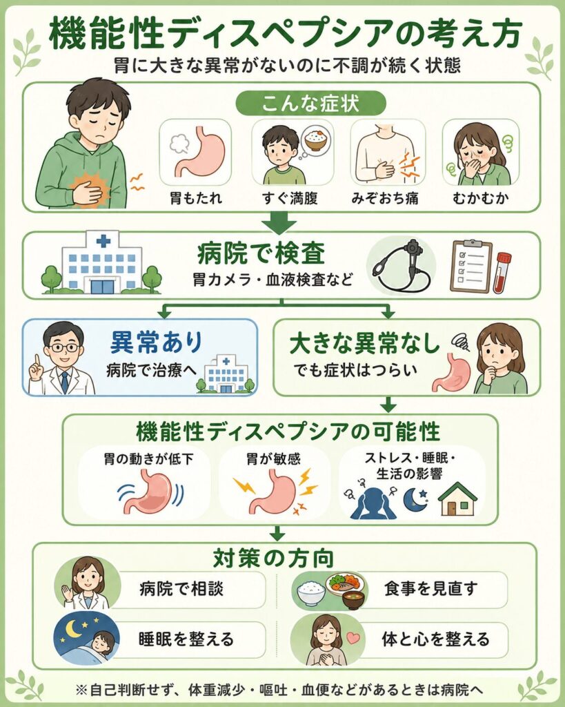 機能性ディスペプシアの症状から病院での検査、原因の考え方、対策までをまとめた解説チャート