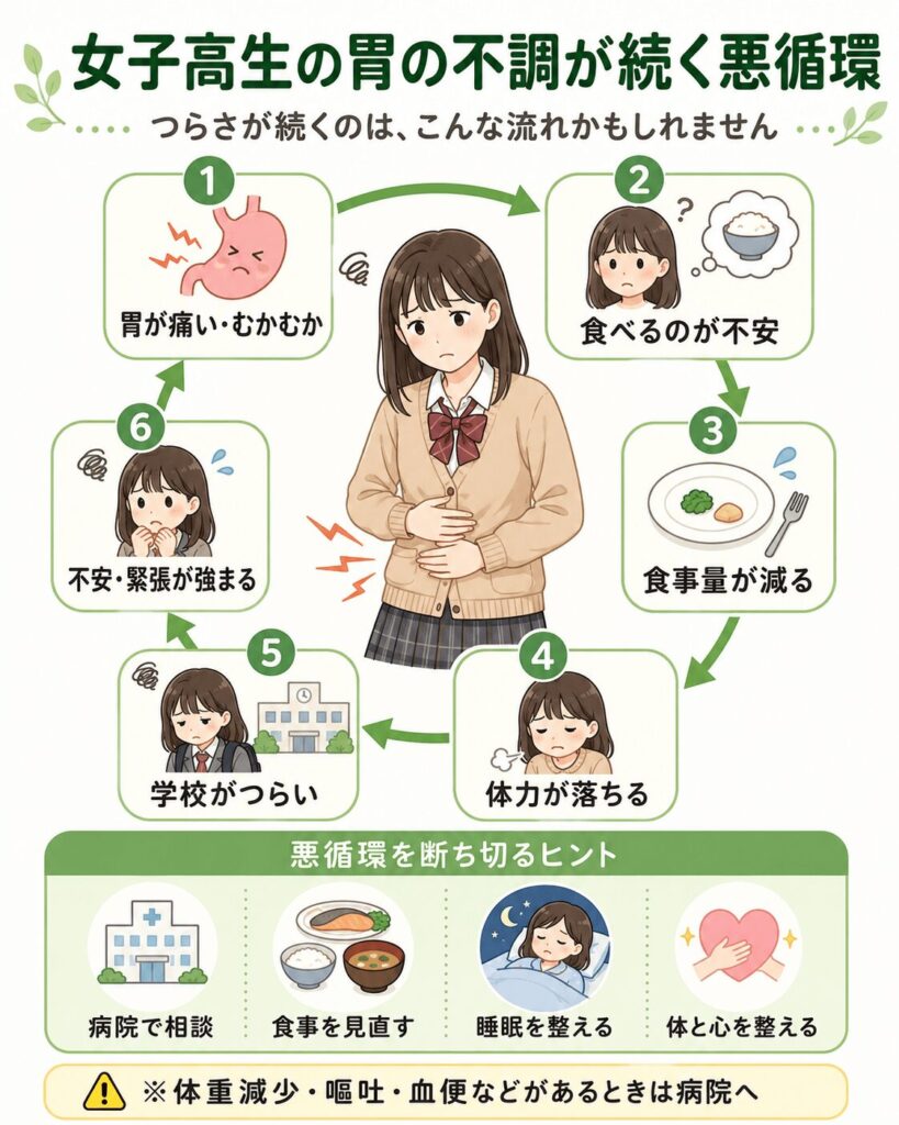 女子高校生の胃痛や吐き気から、食事量と体力の低下、学校へのつらさ、不安へ続く悪循環を示した図