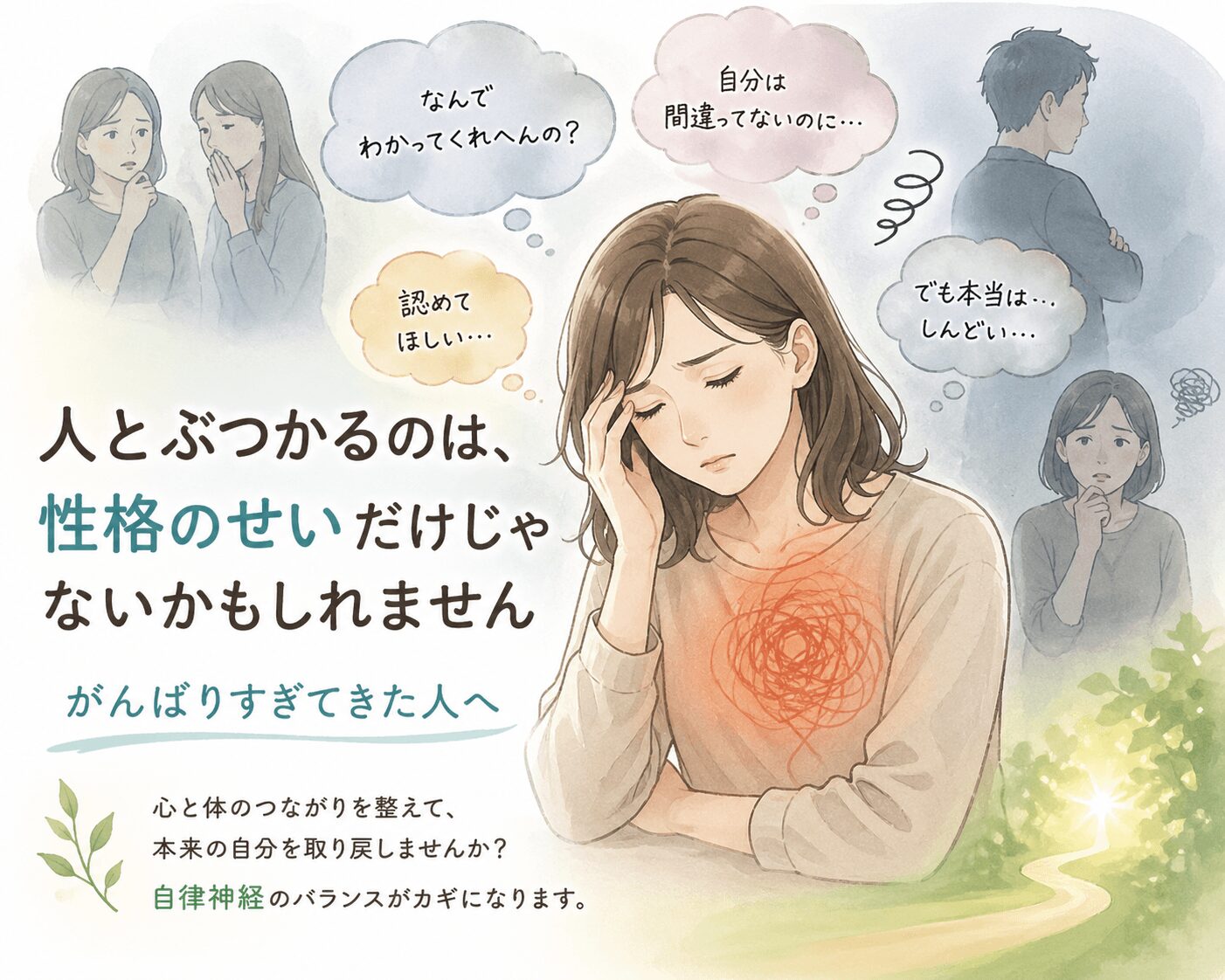 東大阪市 自律神経 人とぶつかる プライドが高い ストレス 女性 イラスト