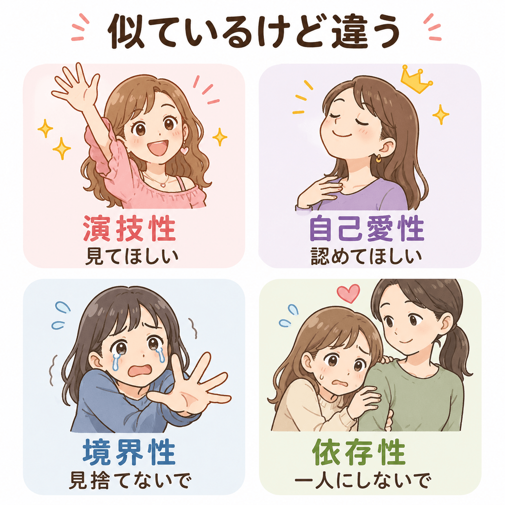 演技性・自己愛性・境界性・依存性パーソナリティ障害の違い|見てほしい・認めてほしい・見捨てないで・一人にしないで