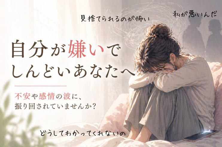 自分が嫌いでしんどい女性が感情の波や人間関係の不安に悩み、ひとりで抱え込んでいる様子のイラスト、東大阪市の自律神経整体のブログトップ画像