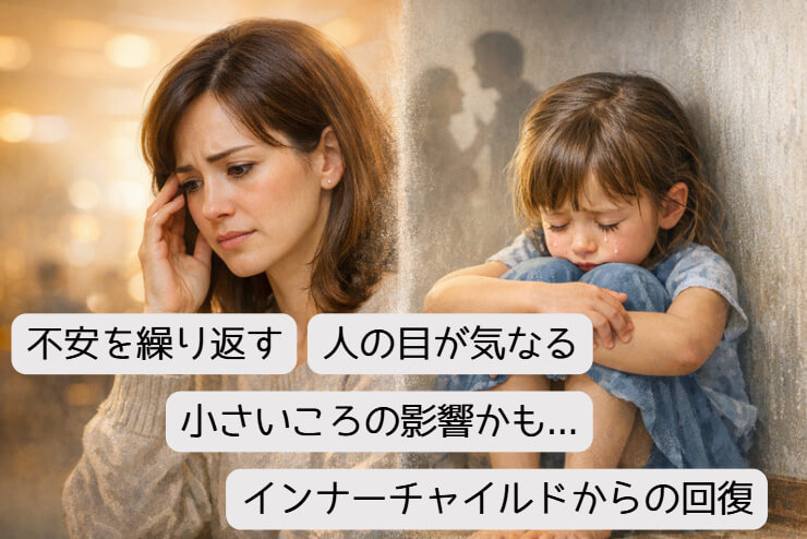 インナーチャイルドの影響で不安や緊張を感じる女性と、幼少期に不安を抱える子どものイメージイラスト｜東大阪市の自律神経専門整体