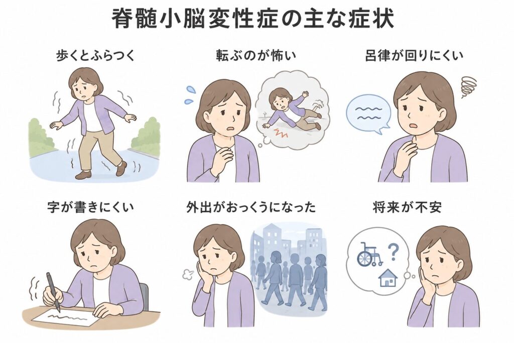 脊髄小脳変性症でみられるふらつきや転倒への不安、呂律の回りにくさ、字の書きにくさ、外出への不安などを説明したイラスト