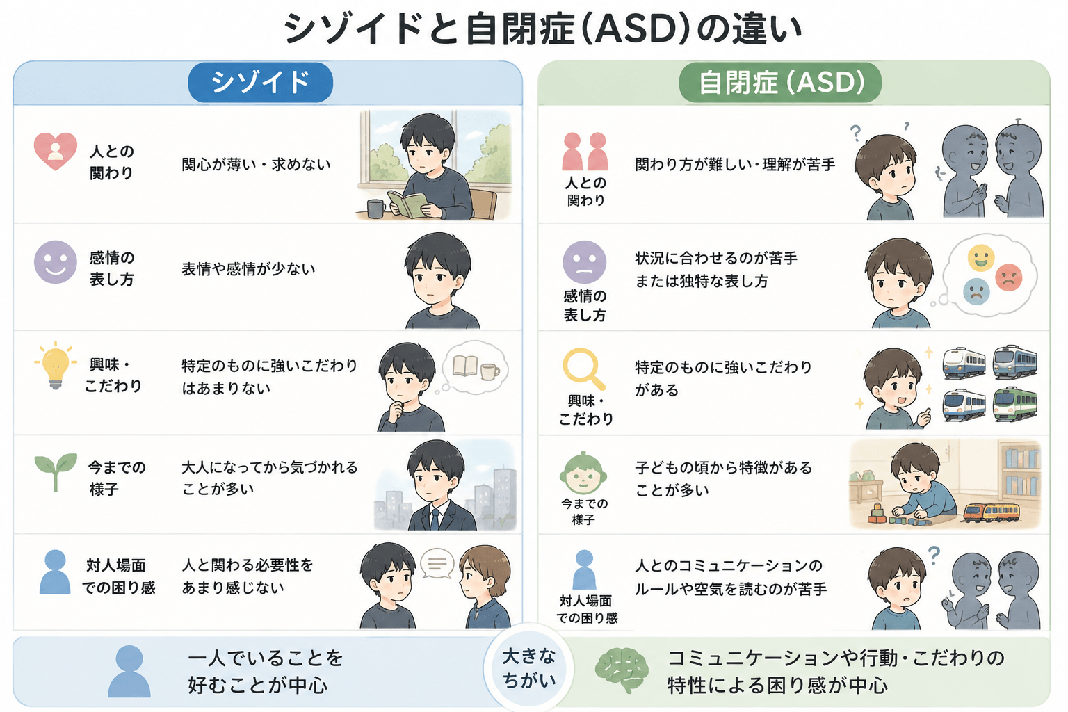 シゾイドパーソナリティと自閉スペクトラム症（ASD）の違いを人との関わり方やこだわりなどで比較した図