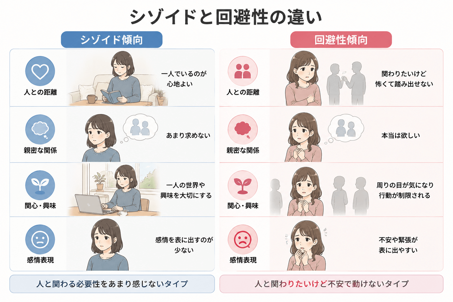 シゾイドパーソナリティ傾向と回避性パーソナリティ傾向の違いを比較した図