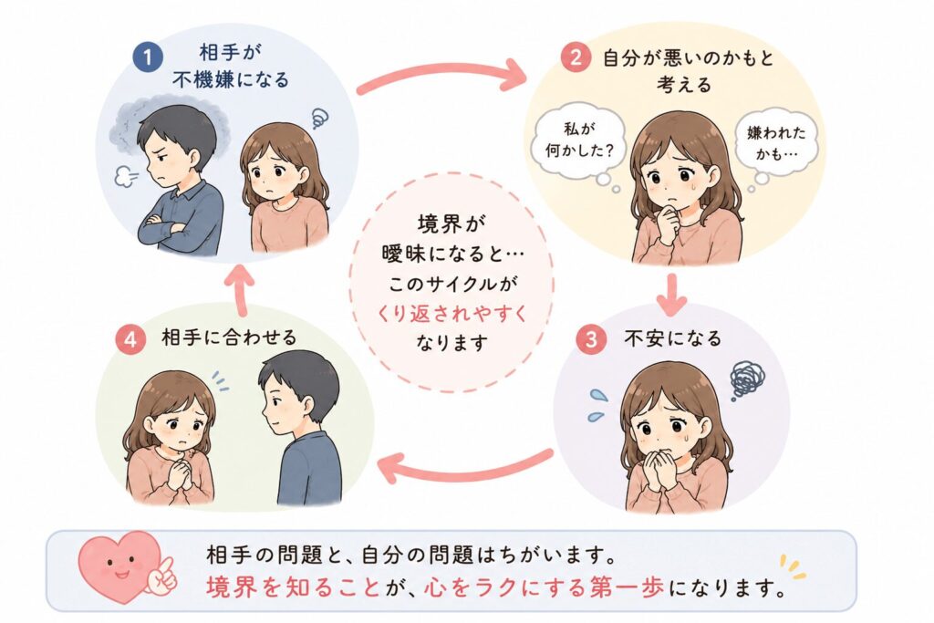 相手の機嫌を自分の責任だと思い込み無理に合わせてしまう流れを示したイラスト