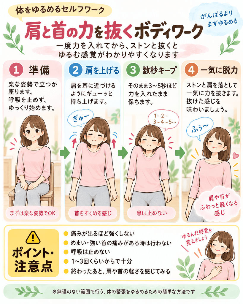 肩と首の緊張をゆるめるセルフワークを4ステップで説明するイラスト。肩をすくめるように力を入れ、数秒キープした後に一気に脱力する方法と注意点を紹介している。